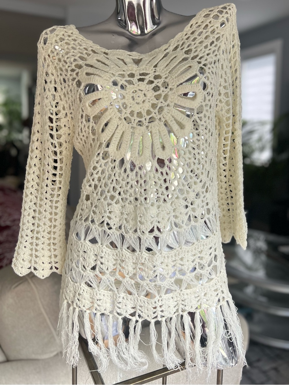 Tempo Paris Cream Crochet Fringe Sweater